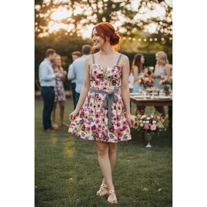 Aryeh White Floral Cotton Sundress L Belted Boned Cottagecore Boho NWT Dress